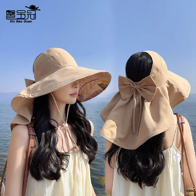 Summer Big Brimmed Shawl Sunscreen Hat Fisherman's Hat Fashion Empty Top Can Tie Ponytail Hat Women's Cap Women Luxury