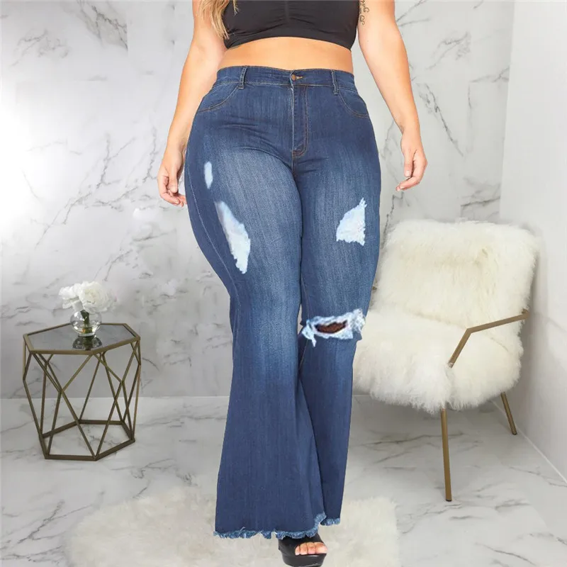 Celana Jeans Kasual Wanita Ukuran Besar XL5XL Celana Jeans Wanita Ukuran Besar Model Micro Flared Pinggang Tinggi Celana Panjang Vintage Waed