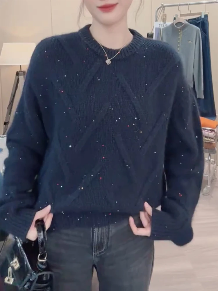 

Korean Sle round Ne Soft iny Sequin Sweater Autumn Winter New Large Size Ele Versatile Slimming Top Women's Camere
