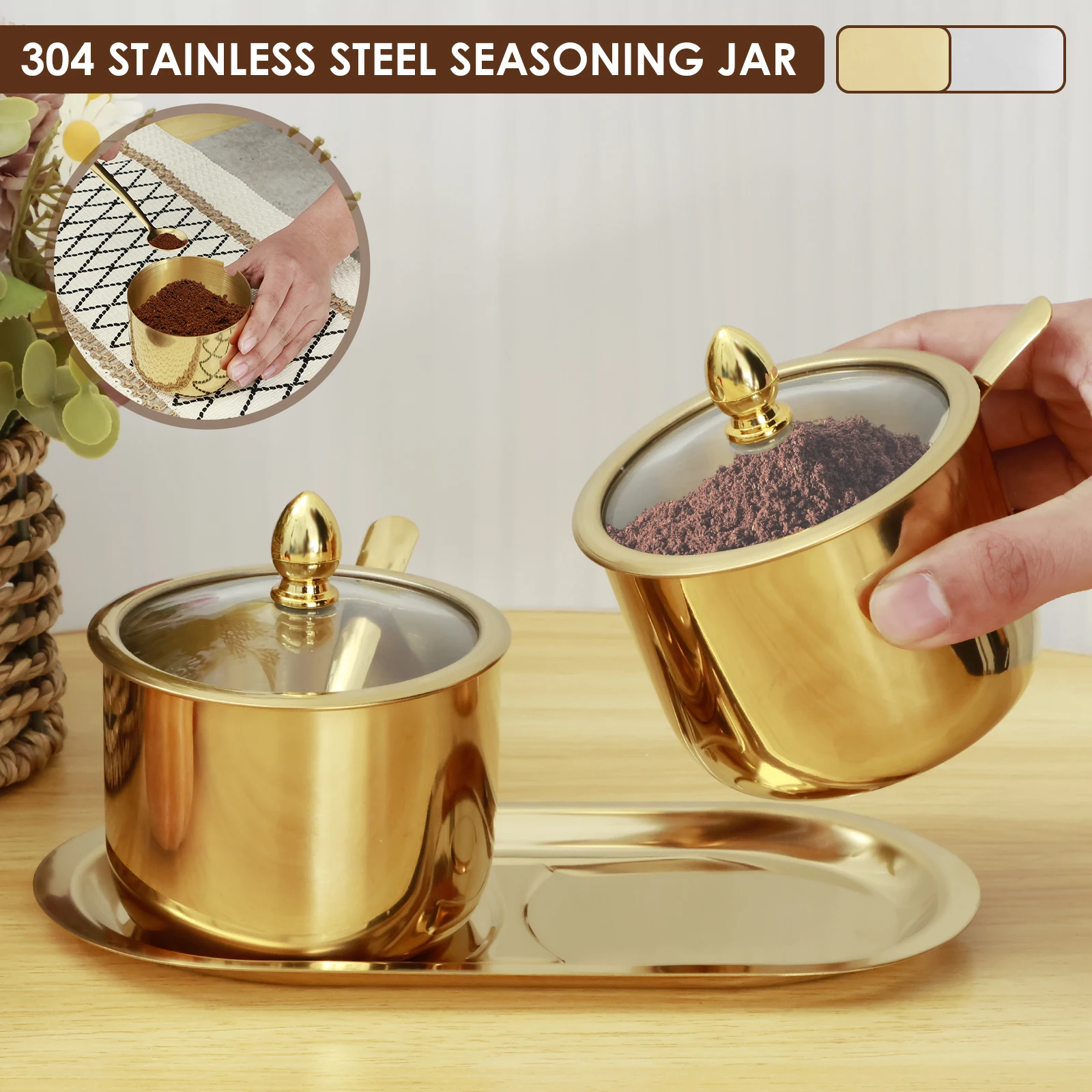 

Набор сахарниц из нержавеющей стали со стеклянной крышкой, ложкой и подносом, нержавеющий контейнер для специй, круглый зеркальный полированный блестящий сахар