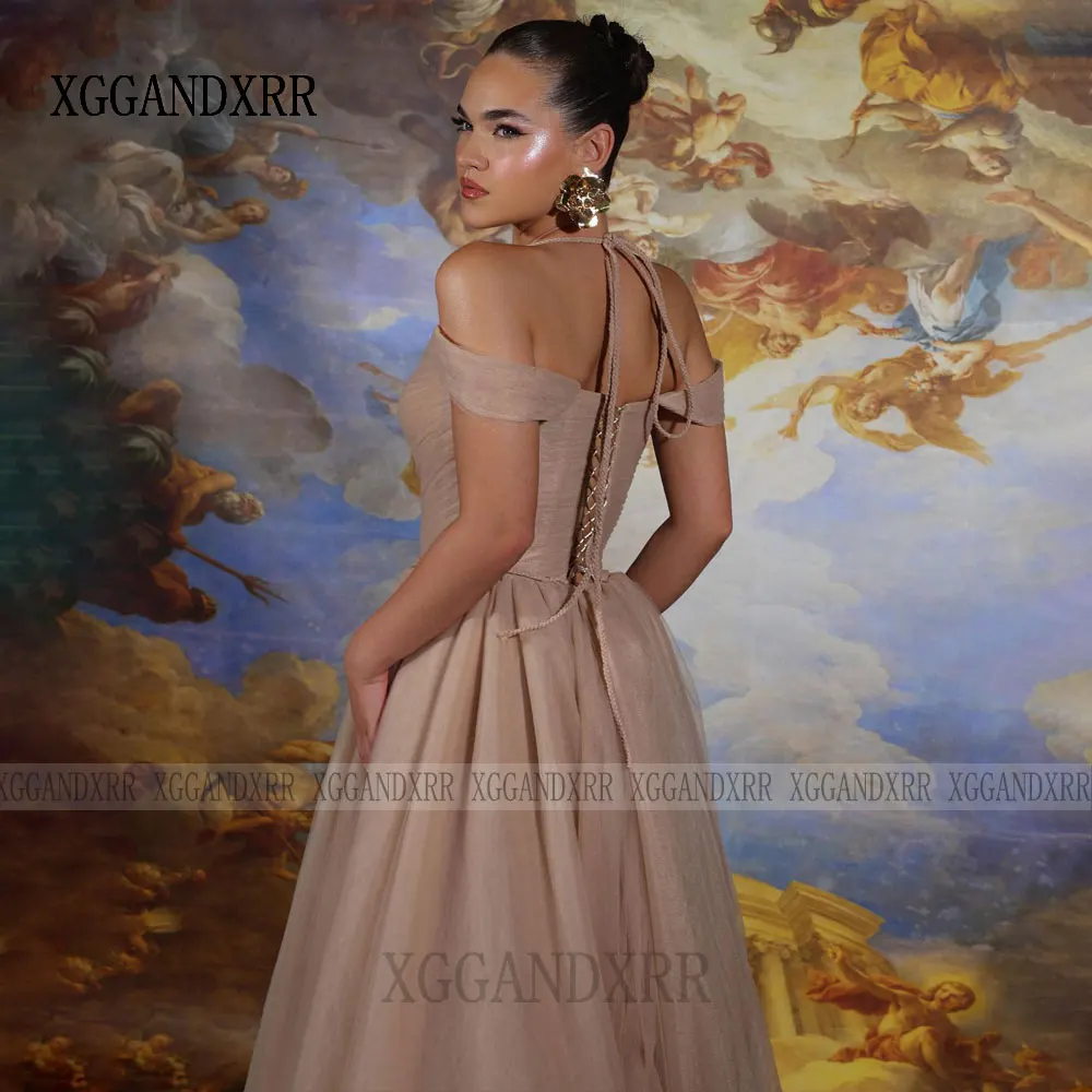 Customized Nude Long Tulle Prom Dress 2026 Elegant V Neck Corset Pleated A Line Evening Dress Wedding Guest Formal Party Dress view 4