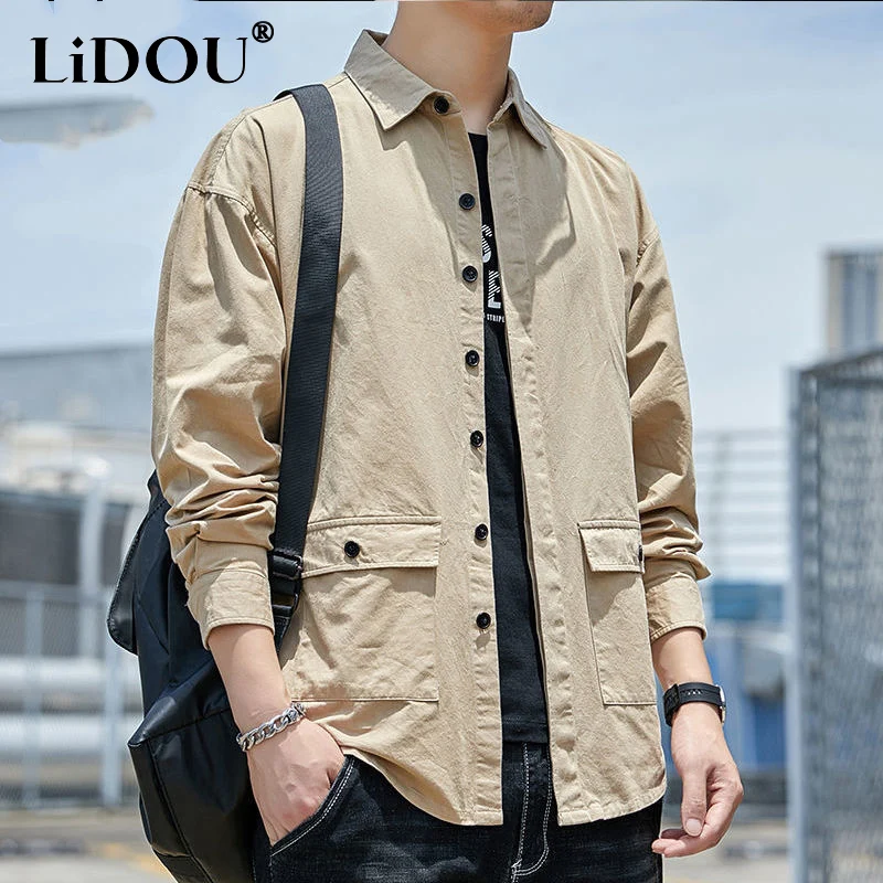 

Spring Autumn New Solid Color Cargo Shirt Man Pure Cotton POLO Collar Long Sleeve Single Breasted Cardigan Fashion Casual Tops