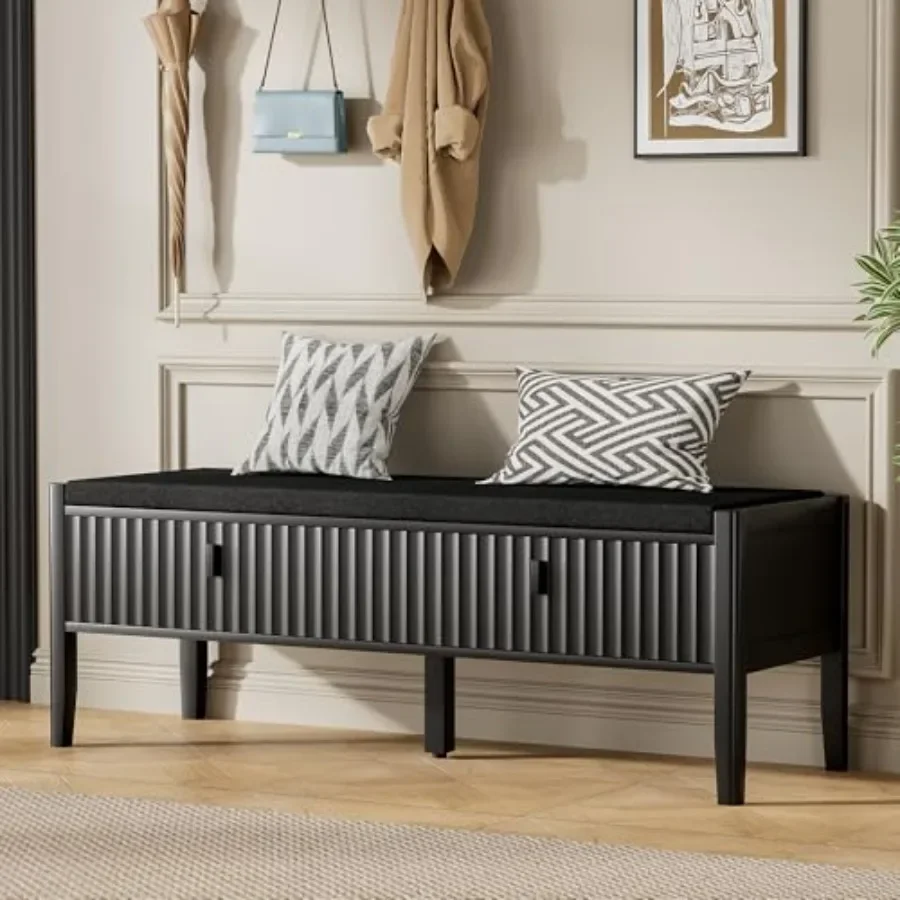 Fluted Shoe Bench with 2 Drawers for Entryway, Thick Padded Cushion Seat in Gray, Durable MDF Construction, Space-Saving Open-B