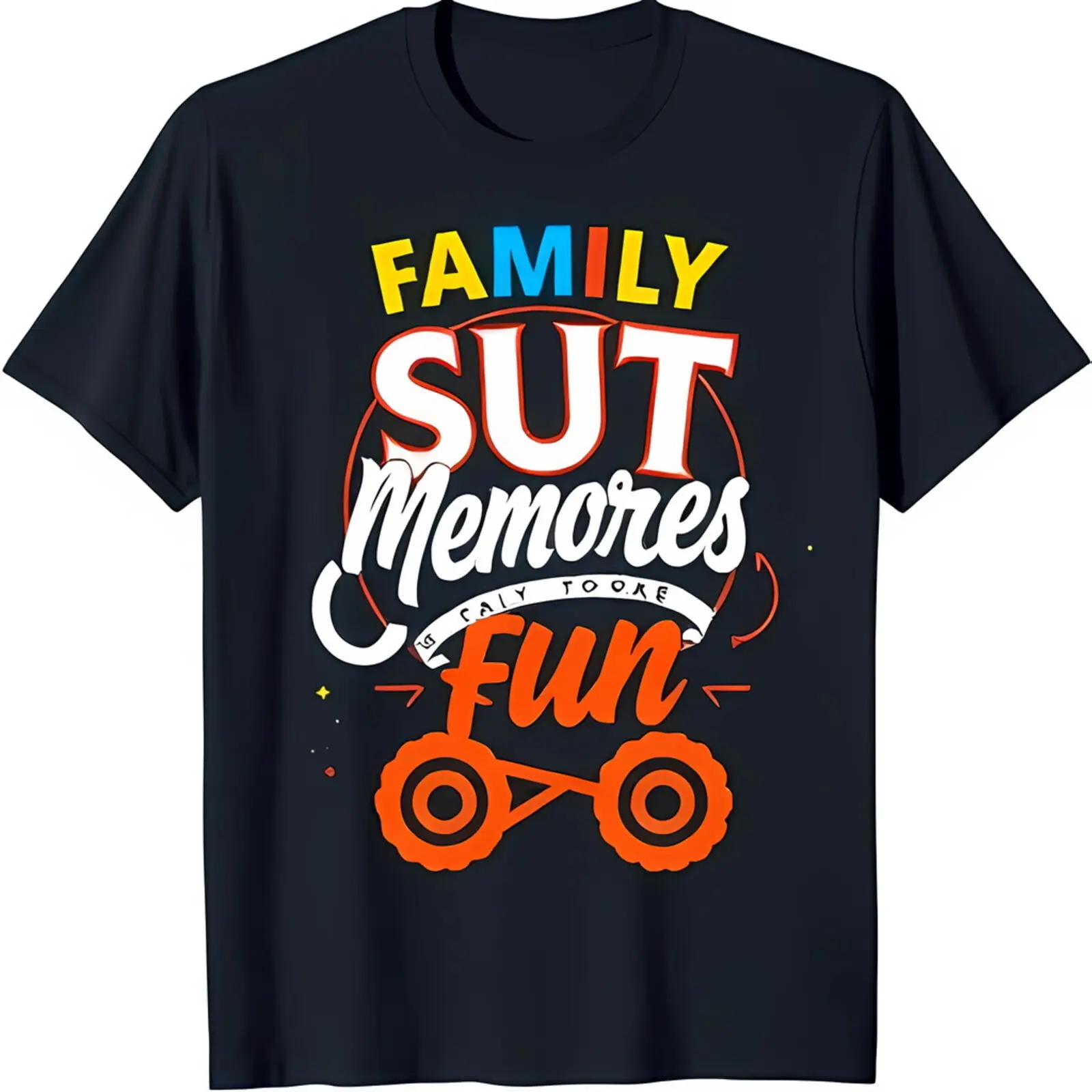 

Colorful Family Memories Fun Graphic Black T-Shirt with Vehicle Design