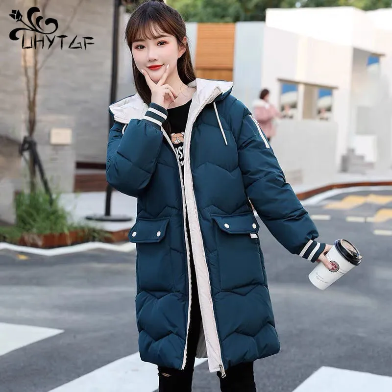 

UHYTGF 2024 Winter Women's Cold Coat Women Jacket Long Parkas Down Coats Hooded Overcoat Casual Thick Warm Cotton Jackets 1053