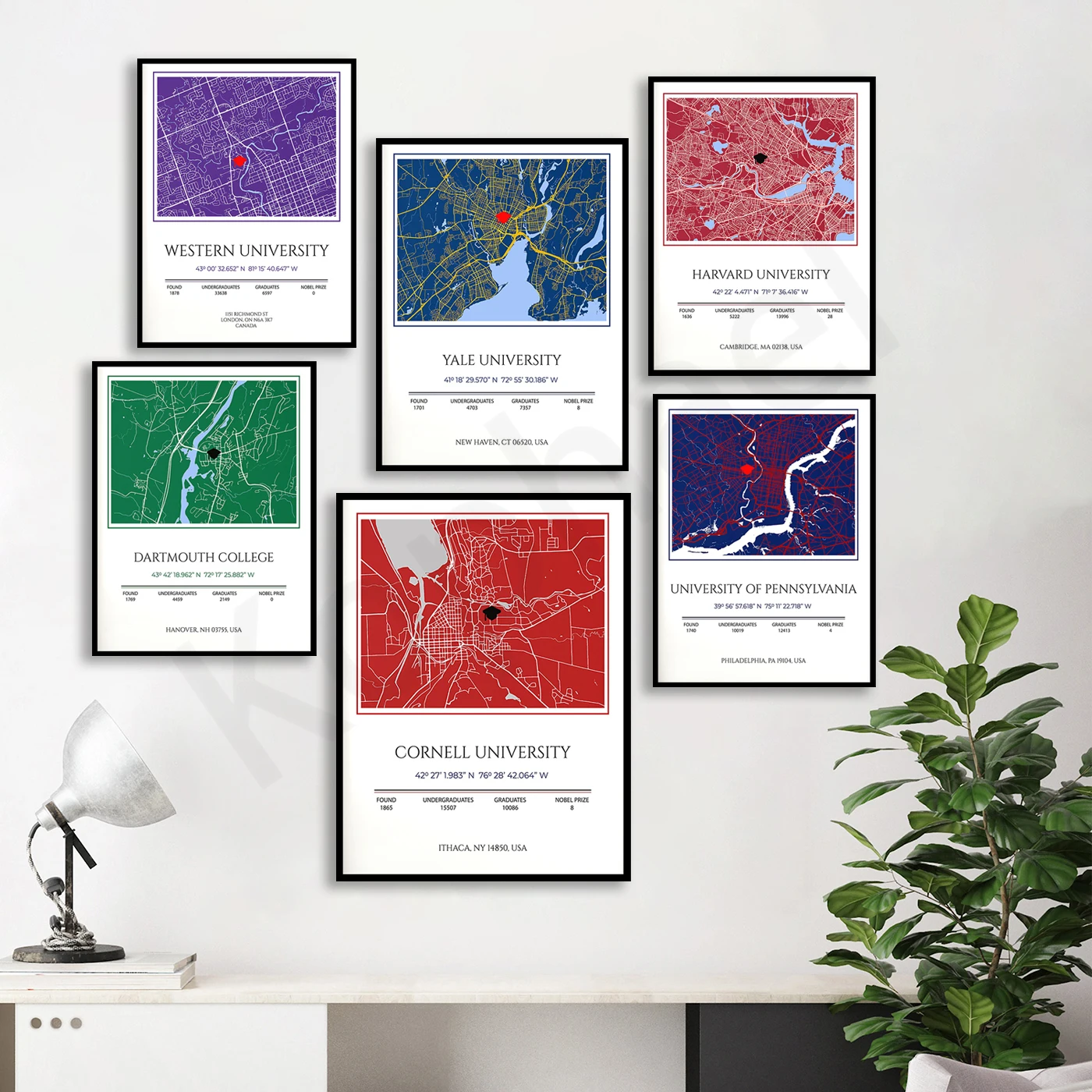 Columbia.Cornell.Yale.Harvard.Dartmouth. Pennsylvania. Stanford. Western University. City University Graduation Gift Map Poster