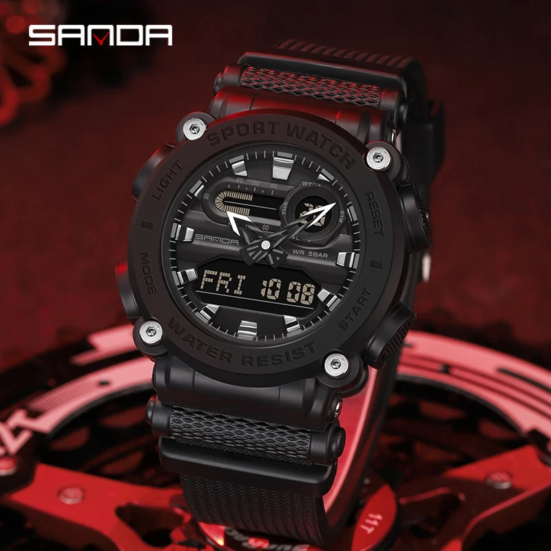 Fashion Sanda Top Brand Men\'s Outdoor Sports Watches Dual Display Quartz Electronic 50m Waterproof Led Digital Reloj De Hombre