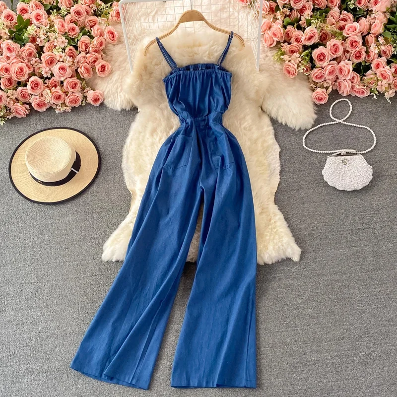 Summer Women Denim Romper Sexy Strapless Draped High Waist Jumpsuits Female Black/Blue Wide Leg Spaghetti Strap Rompers Fashion