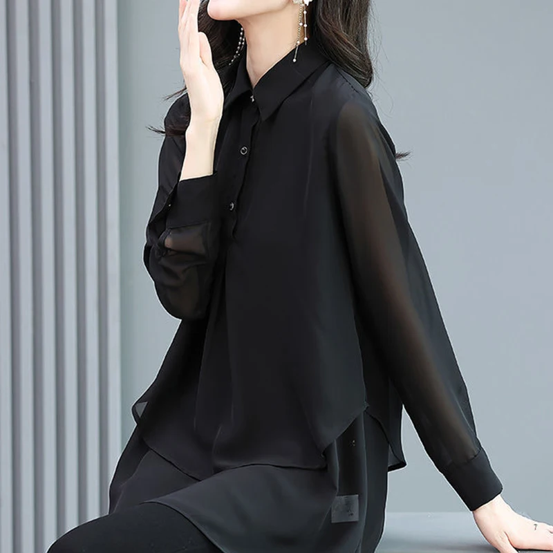 Spring Autumn Korean Style Black Elegant Fashion Double Layer Pullover Casual Chiffon Shirt Women Lapel Long Sleeve Blouse 5XL