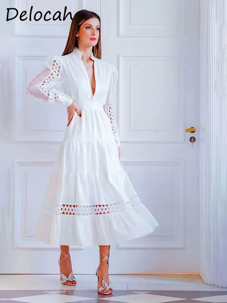 

Delocah High Quality spring Women Fashion Designer Midi Dress Lantern Sleeve Patchwork Patchwork Ruffle Hem A-Line Dresses