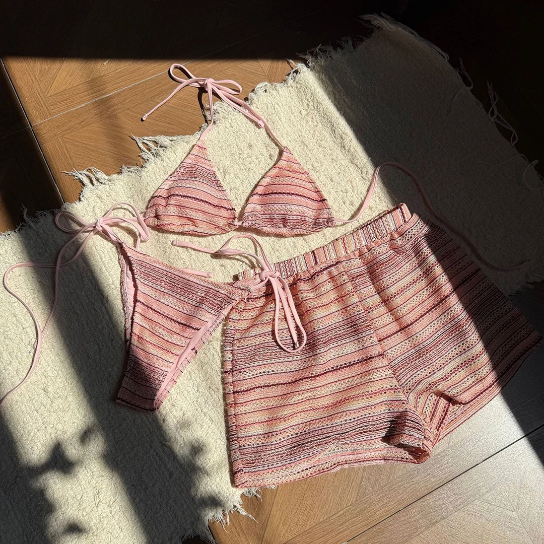 Neuer, aufreizender, gestreifter Bikini mit Neckholder-Ausschnitt, Damen-Badeanzug, dreiteiliges Bikini-Set mit Shorts, Damen-Badebekleidung, Badeanzug, Badebekleidung, Modell V6326. – Detail 16