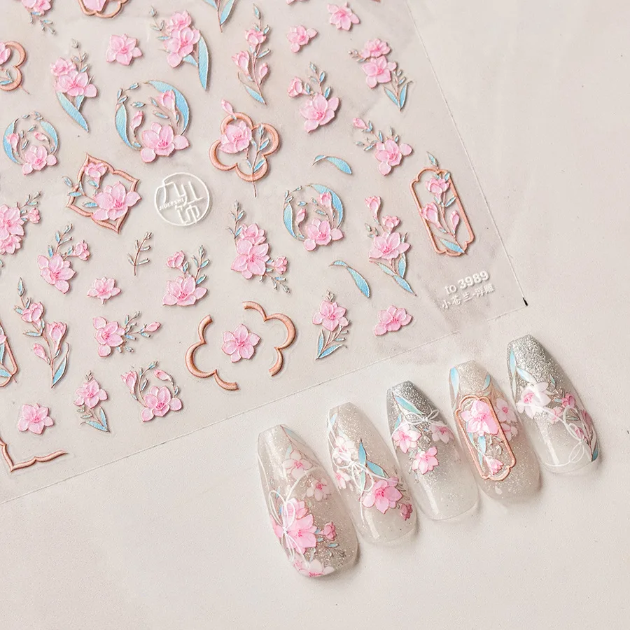 1pcs 5D Kawaii Sweet Flower Nail Art Sticker Exquisite Embossed Pink Canglan Stickers Nail Decoration Slider Decals Accessories