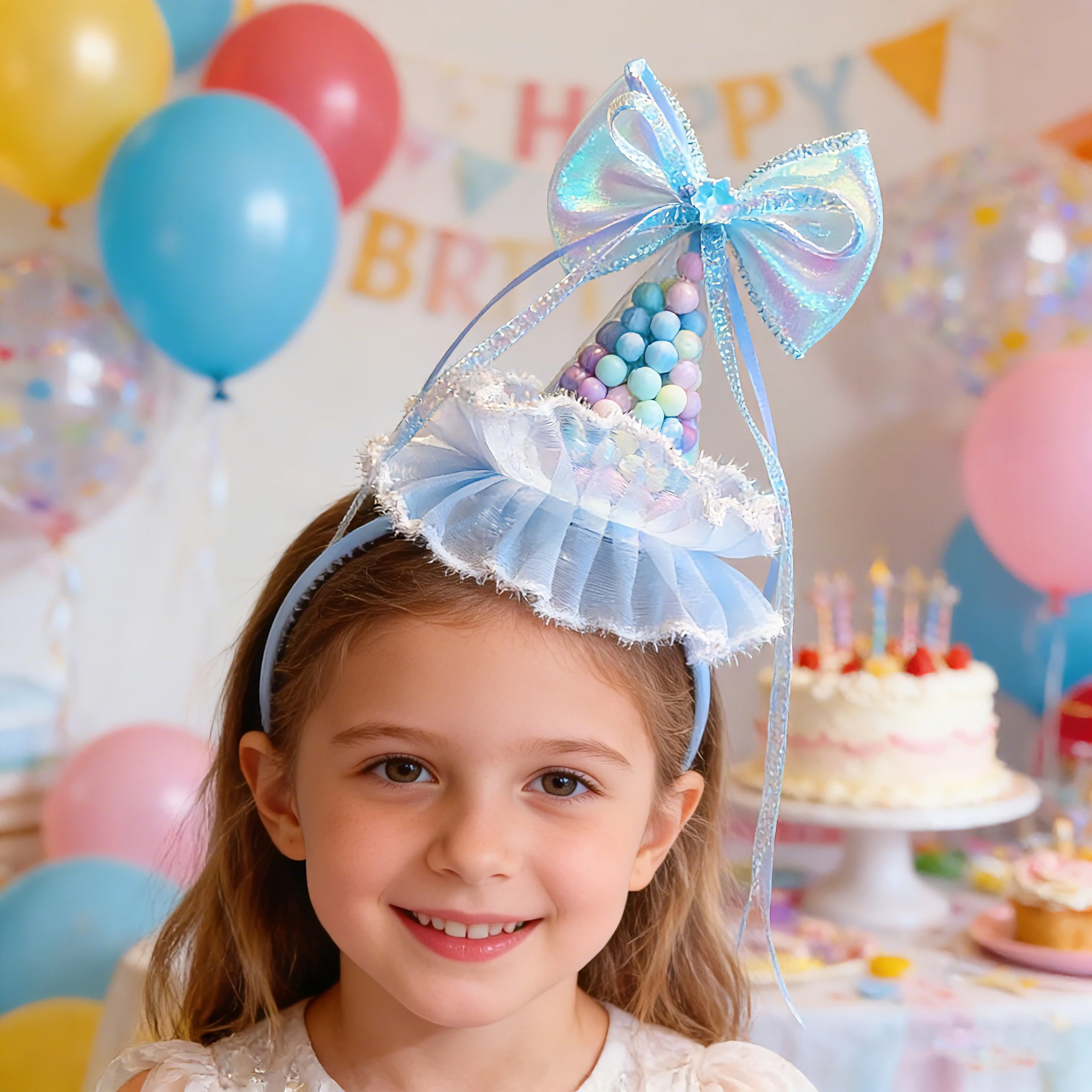 Mädchen Mini-Partyhut Stirnband Hellblau Glitzer Pompon Kegelhut Stirnbänder Schleife Schneeflocken-Dekor Tüllschleier Haarreif 2026 Winter – Detail 2