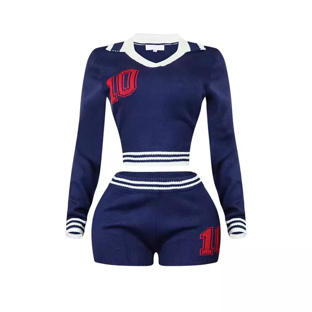 폴로넥 긴팔 크롭탑 + 반바지 캐주얼 섹시 슈트 2025 여름 Y2K 레터 자카드 하이 스트레치 니트 투피스 세트 여성