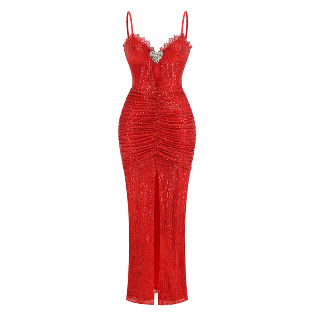 Sexy Spaghetti Strap Backless Sequin Dresses Heart Decoration Smocked Tiered Split Cocktail Evening Party Luxury Long Gown