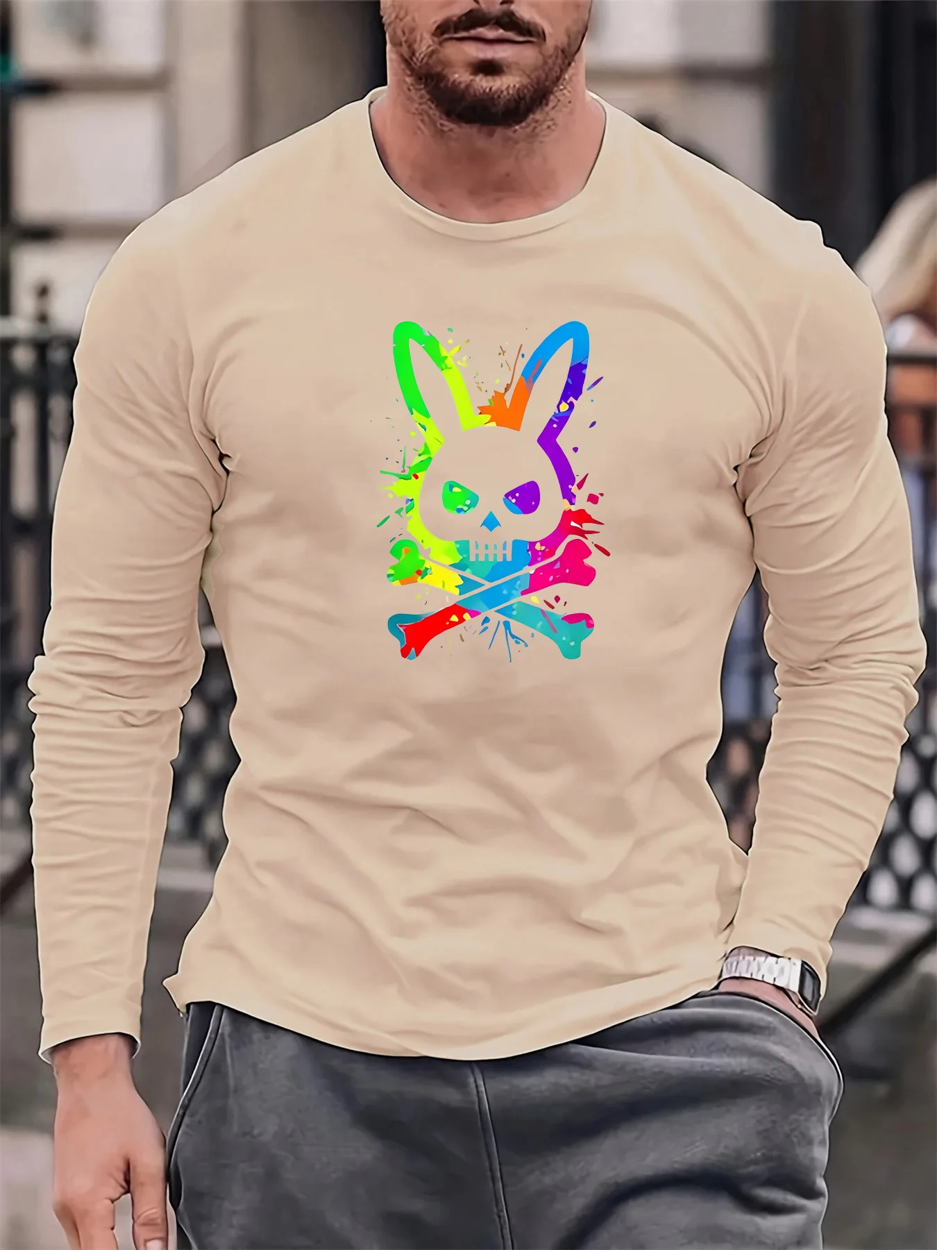 100% pure cotton men's long sleeved round neck loose rabbit skull pattern printed spring and autumn casual versatile T-shirt top