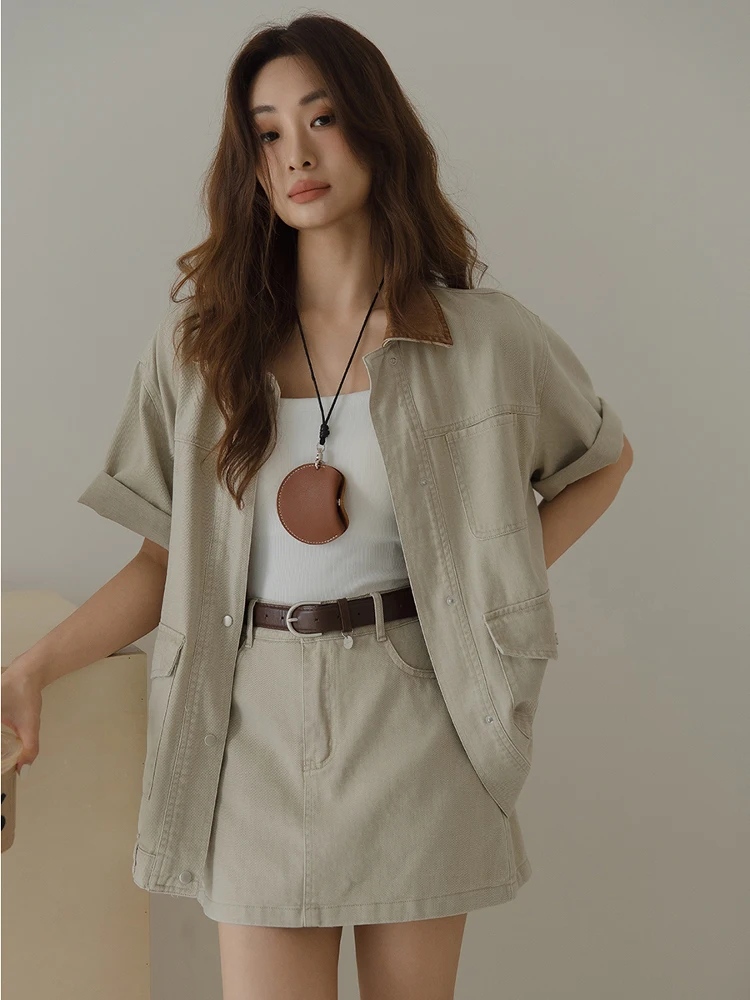 

Chic Vintage Casual Denim Set Women's Summer 2026 New Sle Wang Fei Home Apricot Color Top And ort Skirt Two-Piece Suit