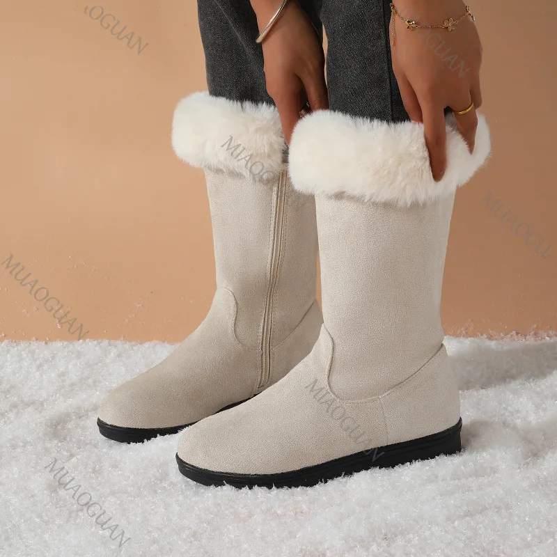2025 botas de neve de inverno sapatos femininos fundo plano quente peludo meados de bezerro botas casuais camurça sólida zíper lateral de pelúcia botas femininas