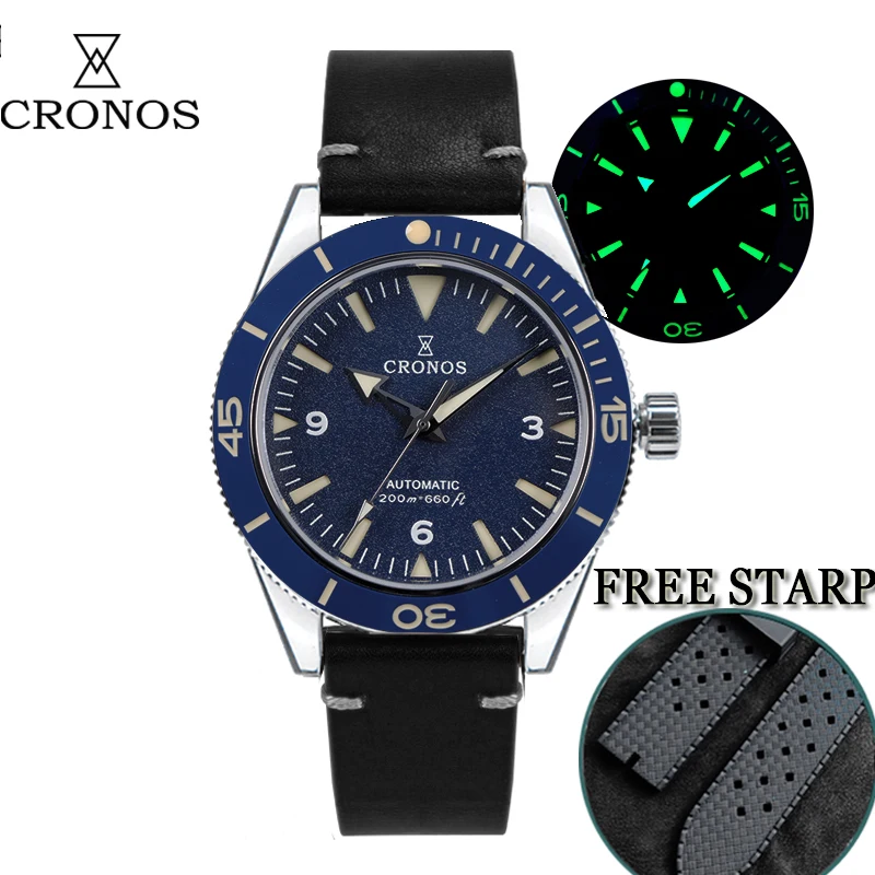 Cronos Sea Master 300 Diver Men Watches Sandwich Dial Automatic Man Watch NH35 200M Resistant Rotating Bezel Leather Strap