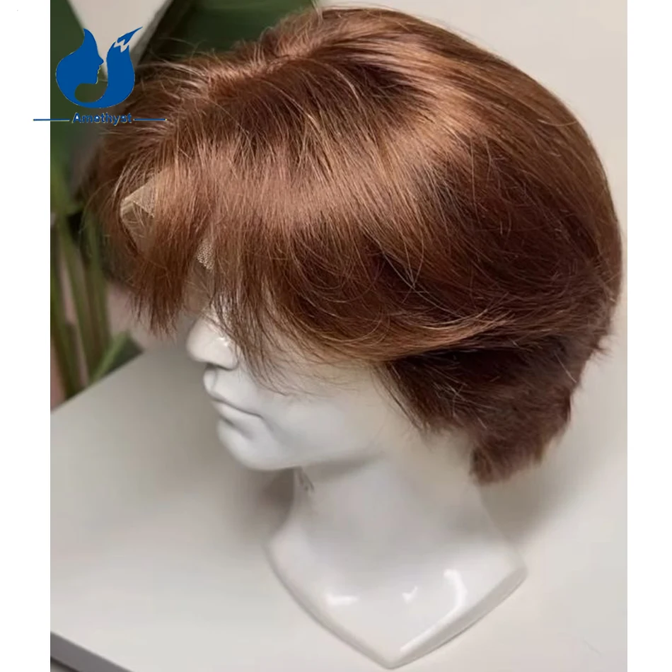 

Мужской парик Amethyst 13x6 с прямой челкой, коричневый, из натуральных бразильских волос Реми, короткая стрижка, с центральным пробором и слоями