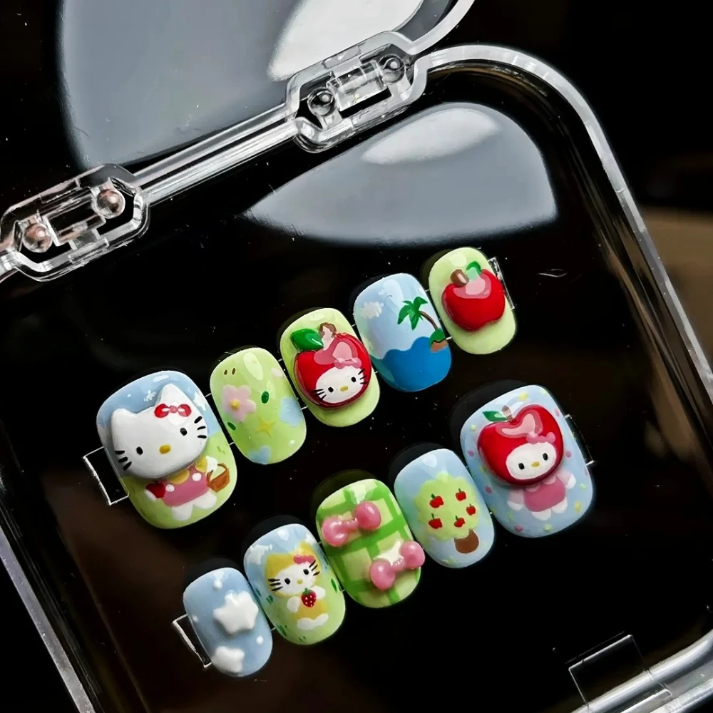 10Pcs Handmade Manicure Short Coffin Fake Nails Cute 3D Kitty Limited Nails Press On Nails Design with Adhesive Nail File Set