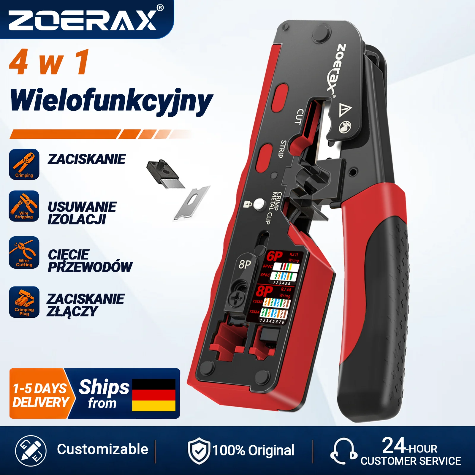 ZoeRax RJ45 CAT7 CAT6A Narzędzie do zaciskania złączy sieciowych Cat7/6a/6/5e, obcinak do kabli, ściągacz izolacji, zaciskarka Ethernet z ostrzami