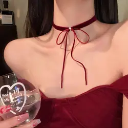 Fashion Adjustable Chain Bow Necklace Velvet Strap Bow Pendant Choker Necklace Neck Accessory INS Style Collar Valentines Gift