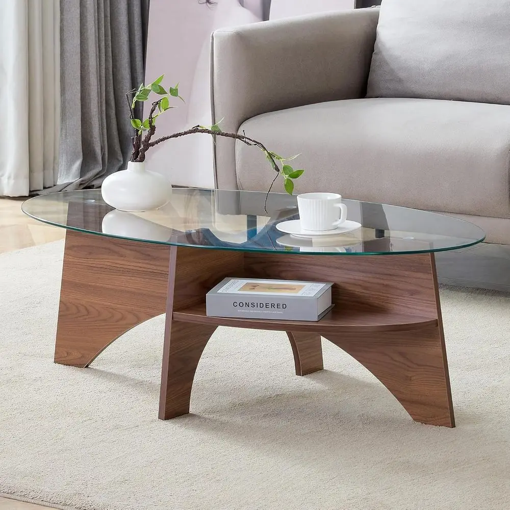 

Mid-Century Oval Tempered Glass Coffee Table with Storage for Living Room & Office