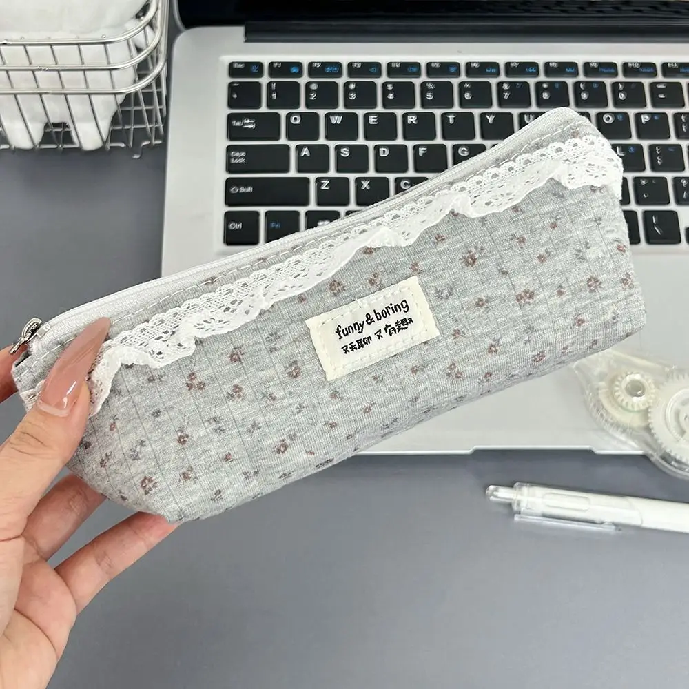 Cottagecore Floral Pattern Pencil Case Grey Large Capacity Pen Bag Lace Trim Stationery Organizer School Office Supplies