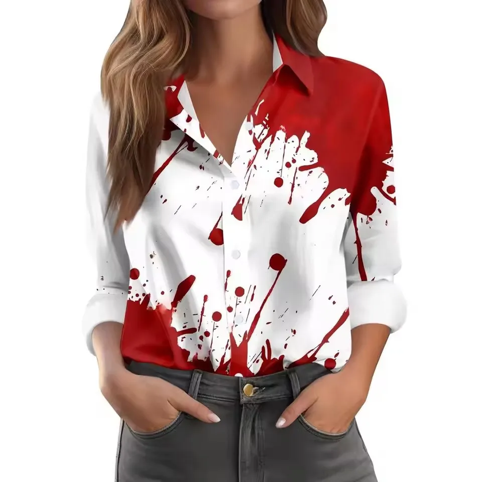 Damska koszulka na Halloween z nadrukiem 3D, horror, krwawe odciski dłoni, długi rękaw, kołnierzyk, codzienna bluzka dla kobiet.