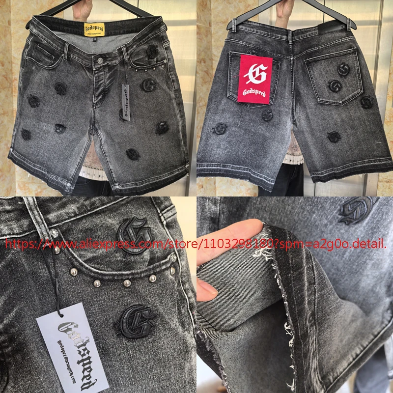 

Streetwear Brand GOD Denim Shorts High Quality Fashionable Hip Hop Embroidery Patchwork Logo Patterns Jeans