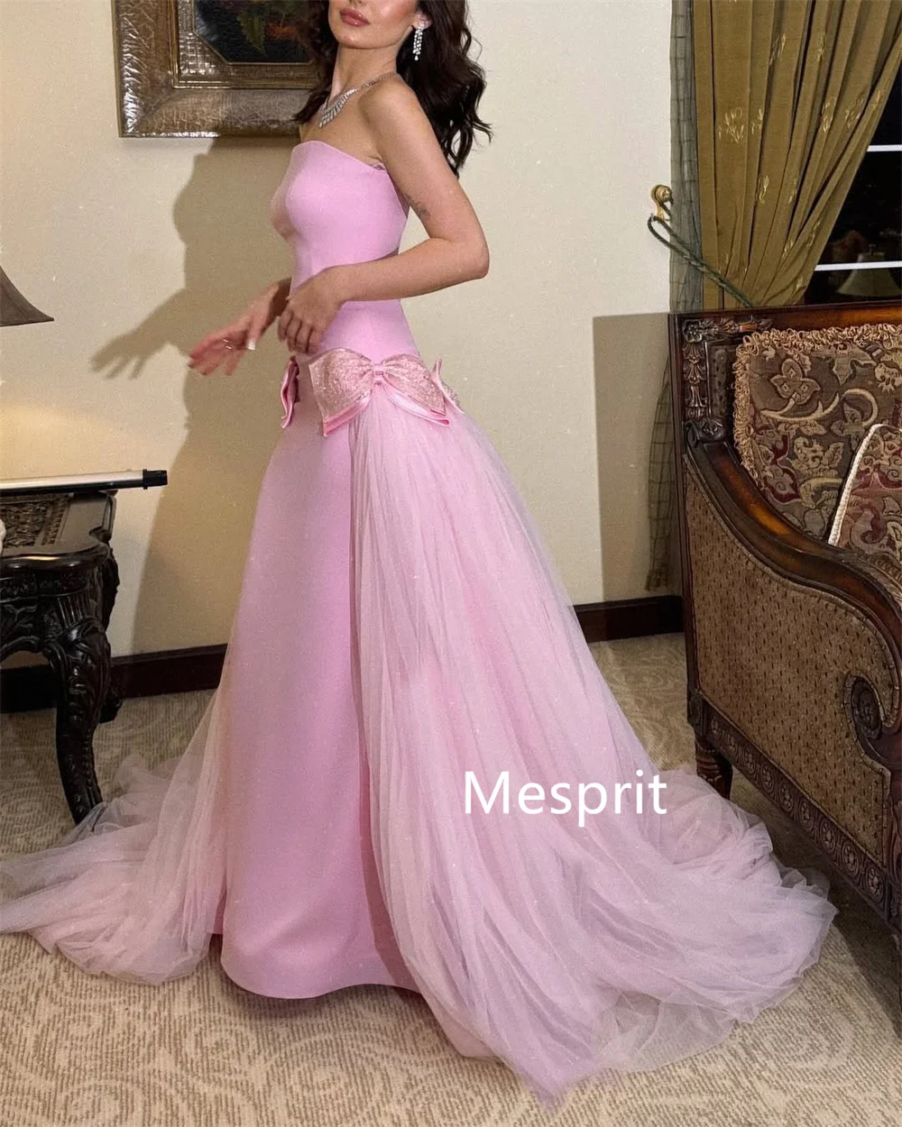 Customized Formal Jersey Bow A-line Strapless Long Dresses Bespoke Occasion Chinese Style Exquisite Saudi Arabia