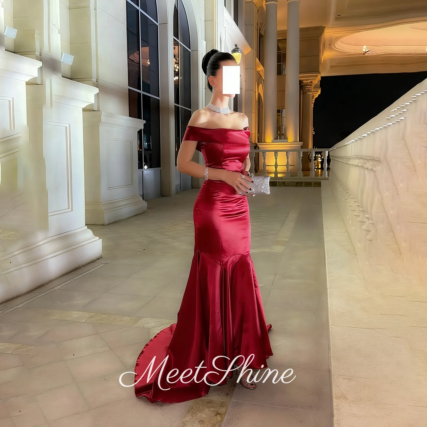 

Элегантные красные атласные вечерние платья русалки с открытыми плечами, Дубайские платья для выпускного вечера без рукавов со шлейфом и открытой спиной для женщин по индивидуальному заказу