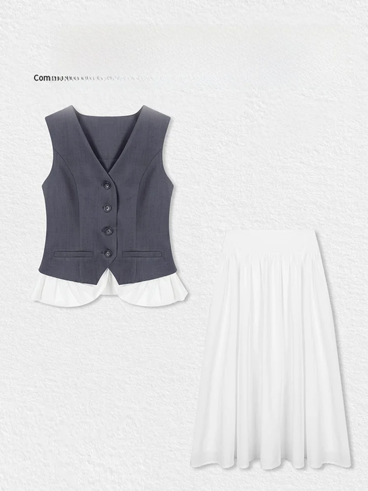 

Casual Style Two-Piece Set Women's Fashion Summer 2026 Gathered Waist Single Button Placket Skirt with Lace Trim High Waist T...