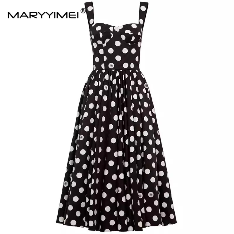 

MARYYIMEI Fashion Summer Pretty Women's dress Square-Neck Dress Spaghetti Strap Backless Dots Print High waisted Cotton Dresses