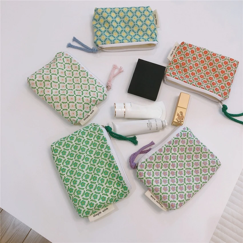 Petit sac à cosmétiques à fleurs en coton, Mini tissu pour femmes, trousse de toilette de voyage, petit sac à main coréen pour femmes, pochette pour pièces de monnaie à fermeture éclair