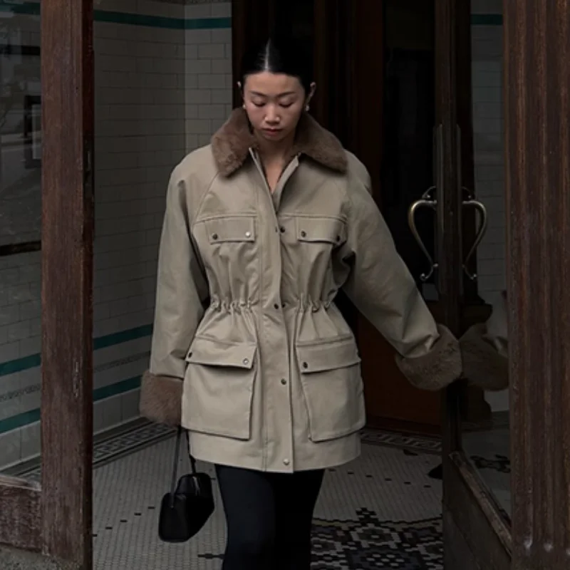 

Модная куртка цвета хаки с регулируемой талией, повседневное пальто на молнии с длинными рукавами и лацканами, декоративная верхняя одежда с большим карманом, повседневная уличная одежда