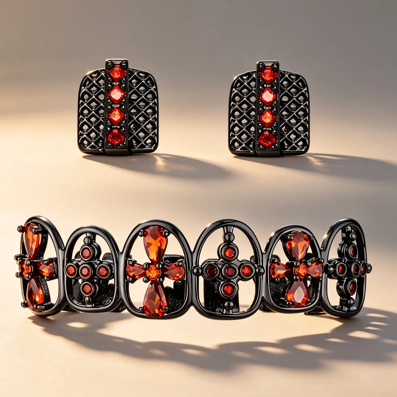 Body Jewelry Earrings - Black Gunmetal Red CZ Jewelry Set