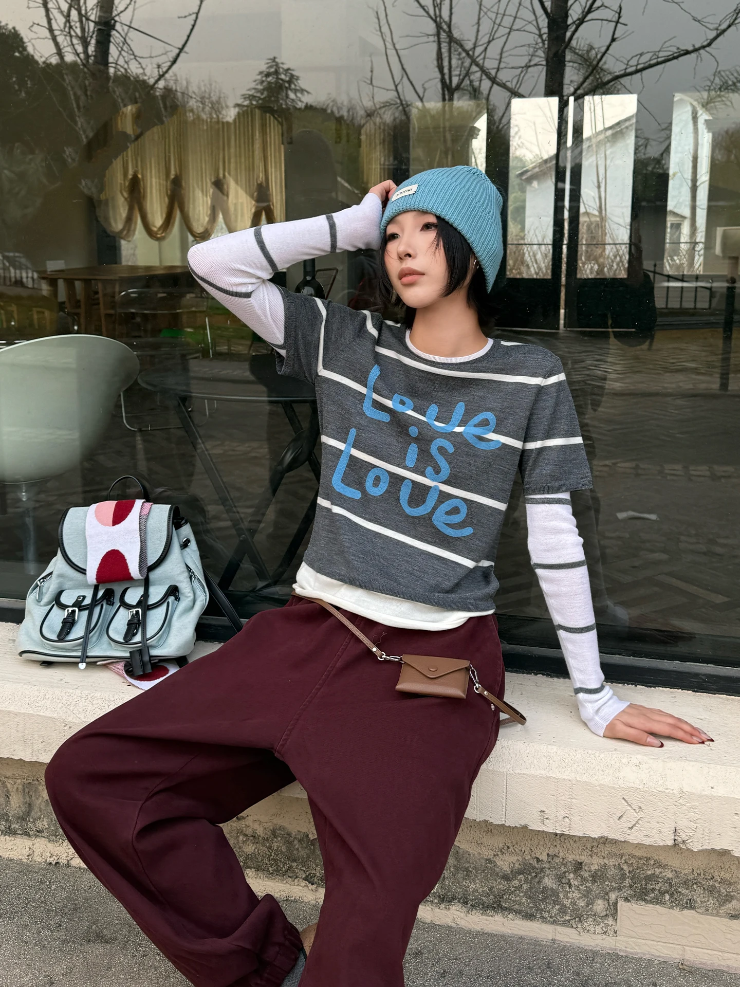 

Brand Long Sve Woolen T-irt NO DIRECTION Fake Two-Piece Casual Sle Daily Wear round Ne Letter Pattern