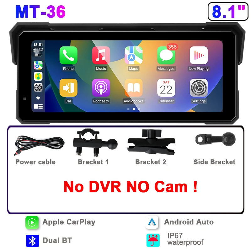 Srnubi 8.1 "Touchscreen 4K DVR Draagbare GPS-navigatie Draadloos CarPlay IP67 Waterdicht Stofdicht Voor Universele motorfietsen