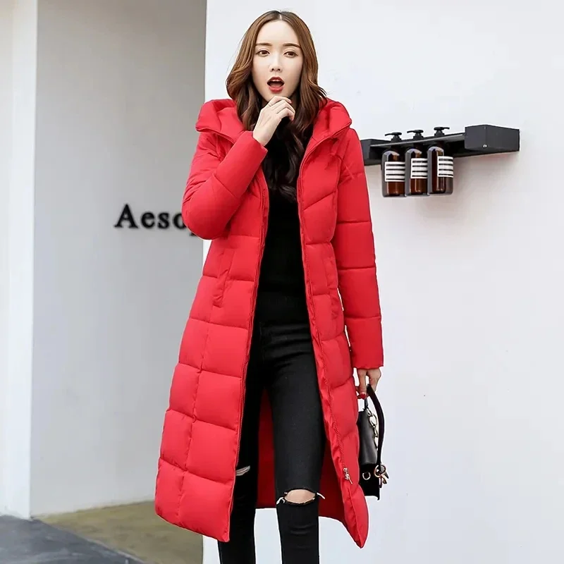 Thickened and Elongated Warm Cotton Jacket Women's Hooded Knee Length Cotton Jacket Winter Korean Version Cotton Coat
