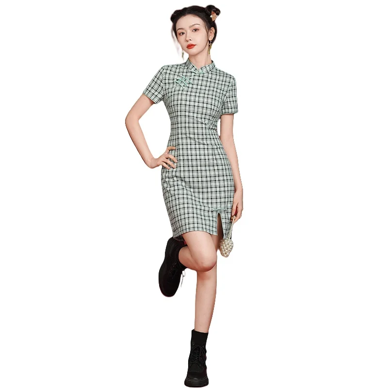Mode geruite qipao-jurk zomer korte mouwen dames cheongsam moderne oosterse elegante avondjurk jurken voor meisjes