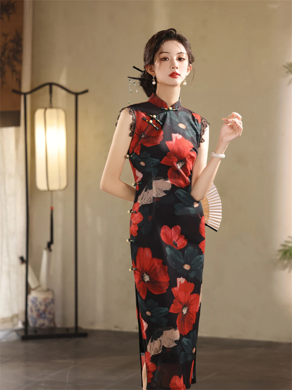 Young Style Improved Sleeveless Cheongsam Women Chinese Retro Old Shanghai Printed Qipao Dress High-end Temperament Evening Gown