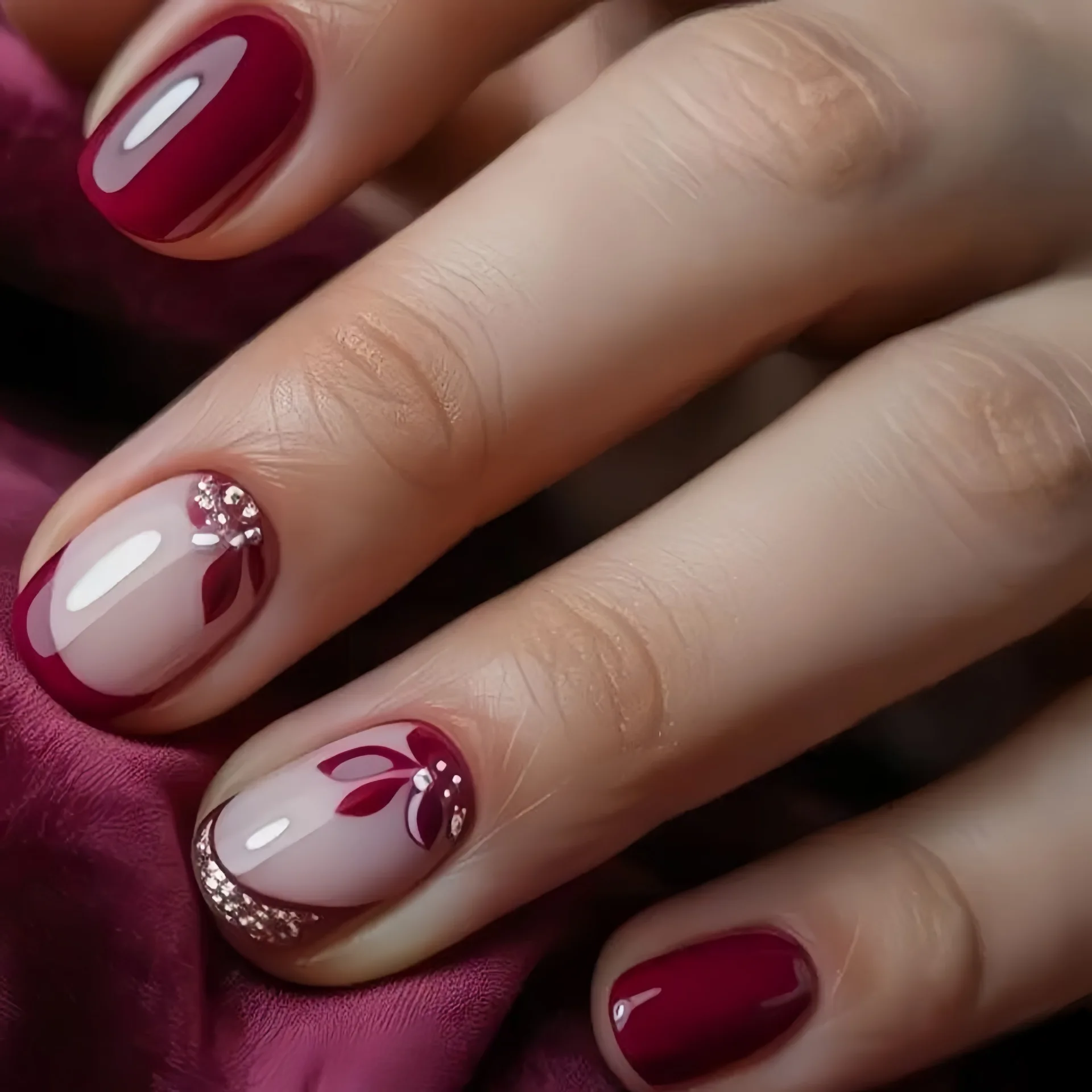 女性・女の子向けの短め・中程度のつけ爪、ゴールド・シルバーの葉っぱ・花柄デザイン、グラデーションオレンジ・グレー、アーモンド・スクエアチップ、プレスオンネイル