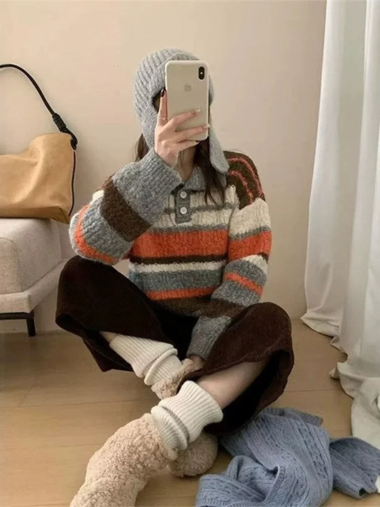 Warm Striped Knit Pullover Sweater Women Colorblock Lapel Long Sleeve Elastic Hem Fall Winter Street Soft Cozy Trendy Jumpers