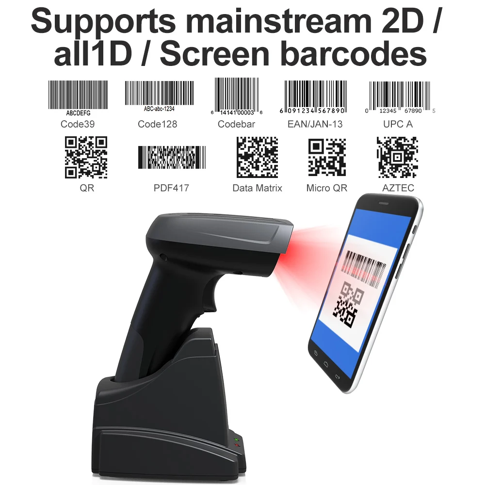 Pemindai Barcode Bluetooth 2D Xincode, Pembaca Kode Batang QR PDF417 Aztec Nirkabel Sistem Android IOS Dengan Dudukan Pengisi Daya