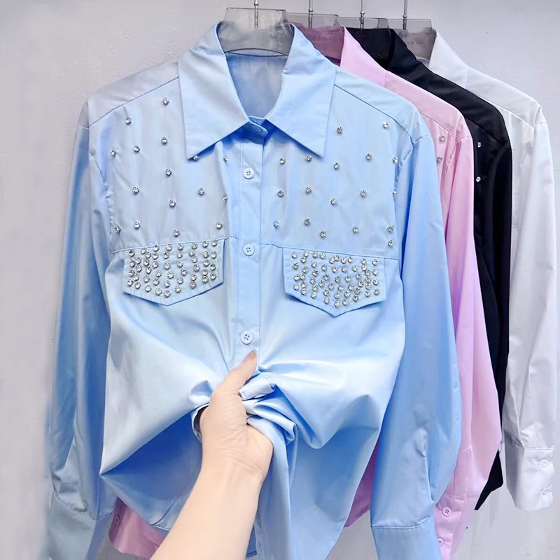 Exquisite Rhinestone Blue Long Sleeve Shirt New Women Summer Autumn New Niche Design Casual All-Match Loose White Blouse Tops