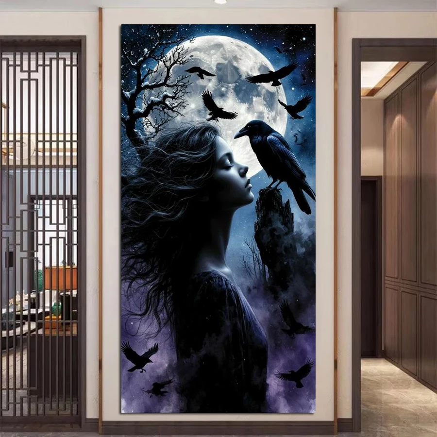 Women Bags Pictures - Diy Diamond Embroidery Moon Woman Crow