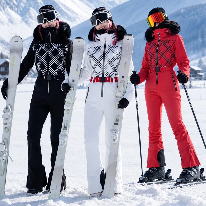 Winter fur hooded women one piece snowsuit outdoor sport mountain woman ski jumpsuits waterproof hiking female snowboard overall