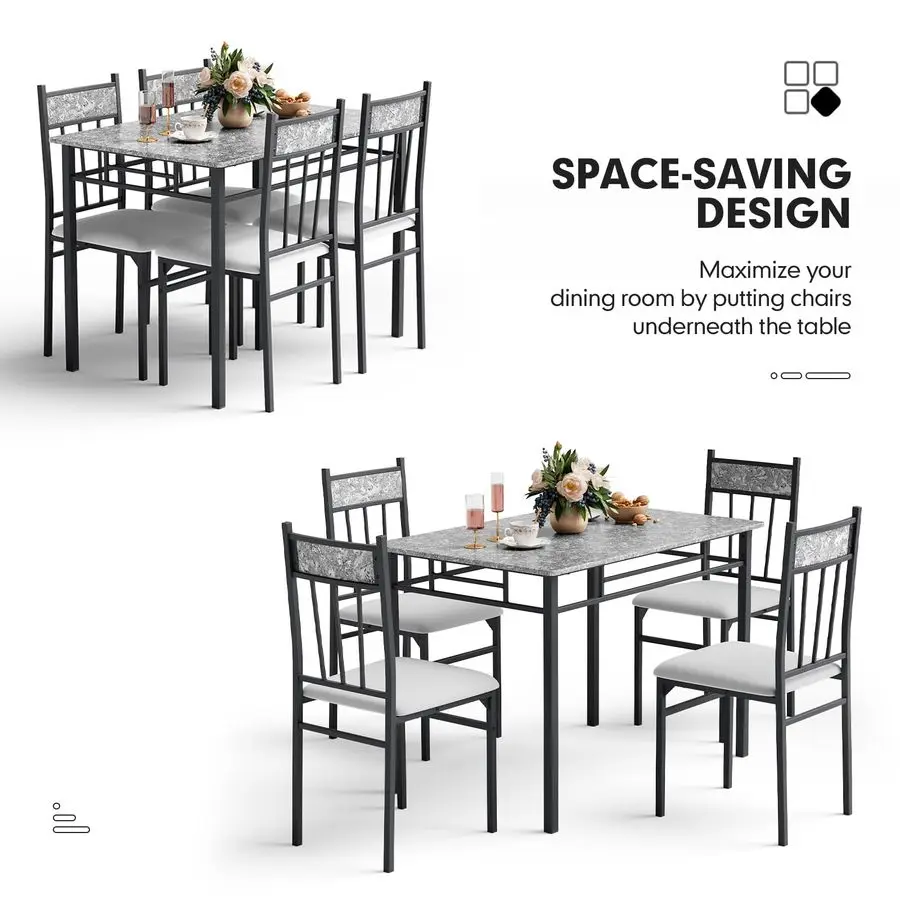 5 Piece Dining Table Set for 4, Faux Marble Kitchen Table and Chairs Set of 4, Vintage Rectangular Dining Room Table with Cushio